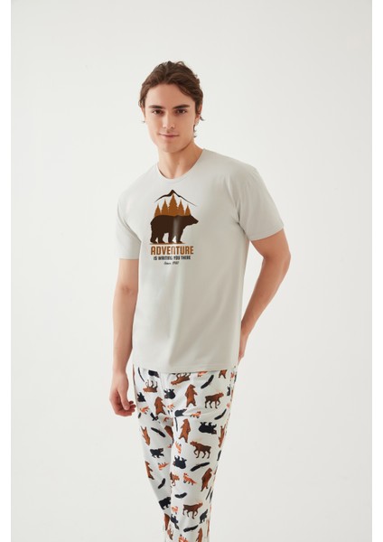 Erkek Kısa Kollu Pamuklu Ayıcık Desenli Pijama Takımı