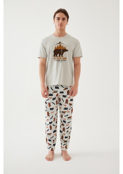 Erkek Kısa Kollu Pamuklu Ayıcık Desenli Pijama Takımı