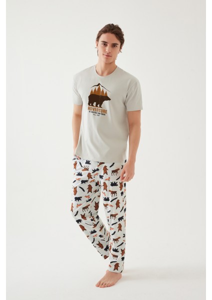 Erkek Kısa Kollu Pamuklu Ayıcık Desenli Pijama Takımı