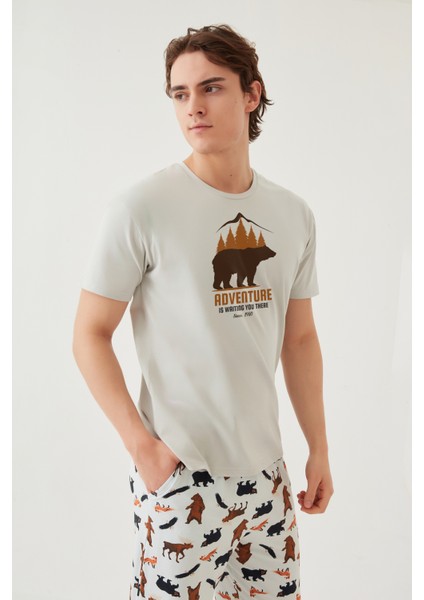 Erkek Kısa Kollu Pamuklu Ayıcık Desenli Pijama Takımı