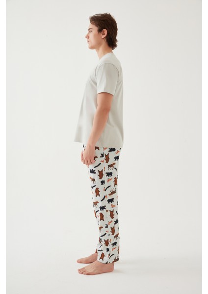 Erkek Kısa Kollu Pamuklu Ayıcık Desenli Pijama Takımı