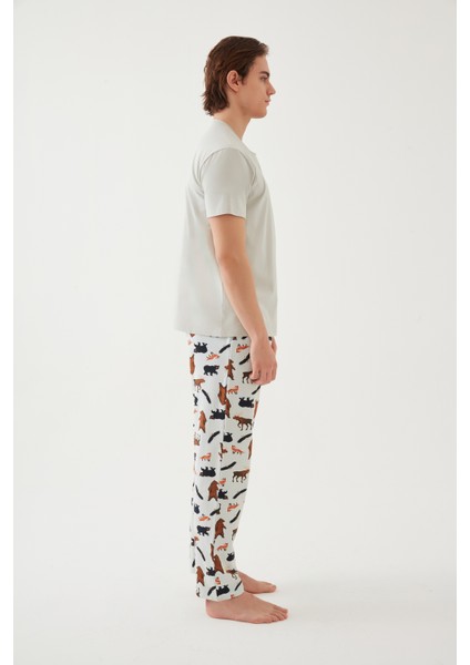 Erkek Kısa Kollu Pamuklu Ayıcık Desenli Pijama Takımı