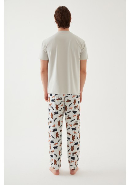 Erkek Kısa Kollu Pamuklu Ayıcık Desenli Pijama Takımı
