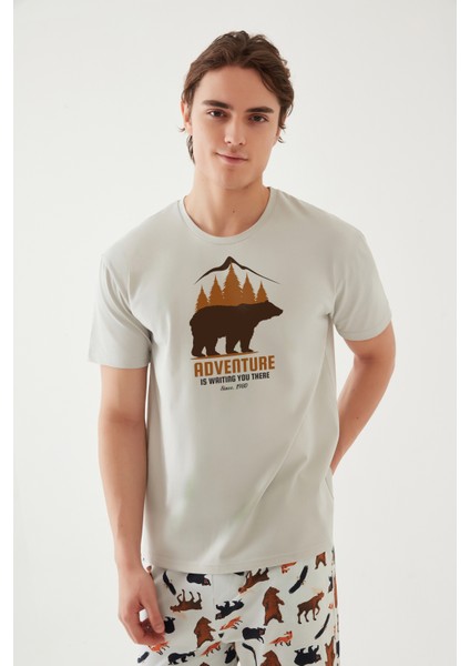 Erkek Kısa Kollu Pamuklu Ayıcık Desenli Pijama Takımı
