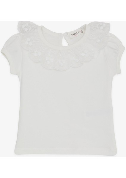 Kız Çocuk Tişört Yakası Güpürlü Nakışlı 1-4 Yaş, Ekru