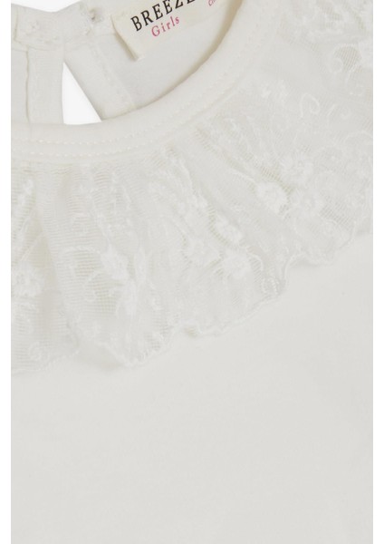 Kız Çocuk Tişört Yakası Güpürlü Nakışlı 1-4 Yaş, Ekru modelleri