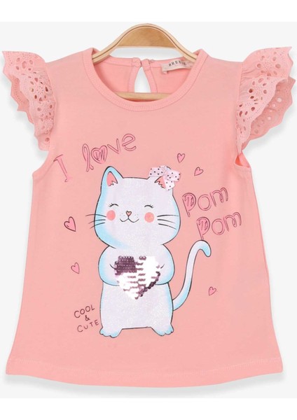 Kız Çocuk Tişört Kedicik Baskılı 1-4 Yaş, Somon