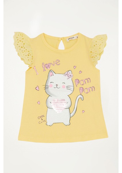 Kız Çocuk Tişört Kedicik Baskılı 1-4 Yaş, Sarı