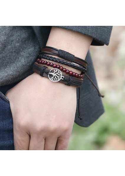 No.11 Boyutu Erkekler Için Çok Katmanlı Bileklik Seti Örgü Sarılı Deri Bilezikler Vintage Yaşam Ağacı Bilezik Bilezik Vintage Punk Erkek Takı (Yurt Dışından) indirimleri