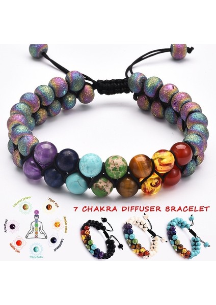 Çok 7 Çakra Boncuk Volkanik Taş Bilezik 8mm Çift Katman Ayarlanabilir Cinsiyetsiz Yoga Taş Enerji Iyileştirme Taş Bilezikler Xmas Hediyesi (Yurt Dışından)