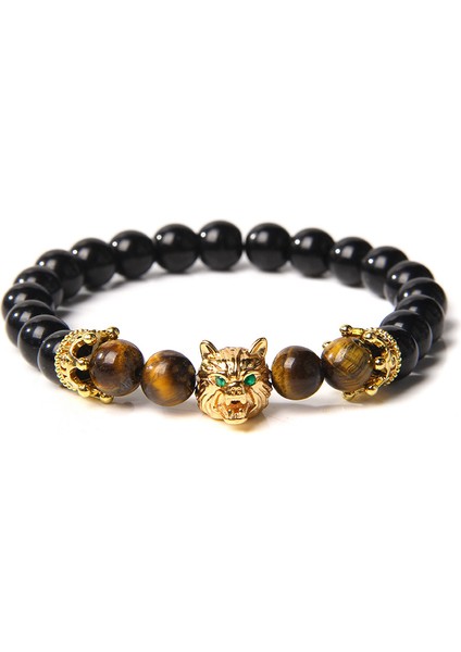 21CM Tarzı Siyah Tabanca Kaplama Kurt Kolye Bilezik Erkek Doğal Siyah Lava Taşı Bilezik Cesur Kaplan Gözü Bilezik Kadın Elastik Takı Boncuk Pulsera (Yurt Dışından)