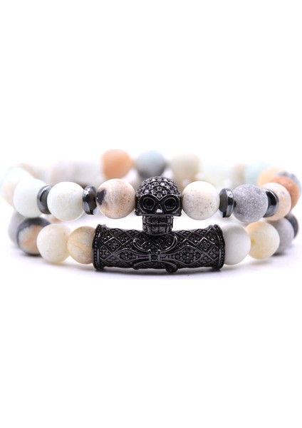 Kafatası 11 8 mm Siyah Lav Taşı Boncuklu Erkek Bileklik Seti Lüks Kafatası El Yapımı Bilezik Kadın Takı Pulsera Hombre Armband Aksesuarları (Yurt Dışından)