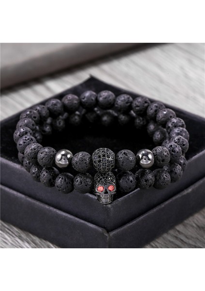 Kafatası 11 8 mm Siyah Lav Taşı Boncuklu Erkek Bileklik Seti Lüks Kafatası El Yapımı Bilezik Kadın Takı Pulsera Hombre Armband Aksesuarları (Yurt Dışından) fiyatları