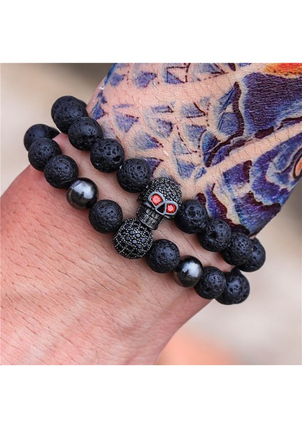 Kafatası 11 8 mm Siyah Lav Taşı Boncuklu Erkek Bileklik Seti Lüks Kafatası El Yapımı Bilezik Kadın Takı Pulsera Hombre Armband Aksesuarları (Yurt Dışından) modelleri