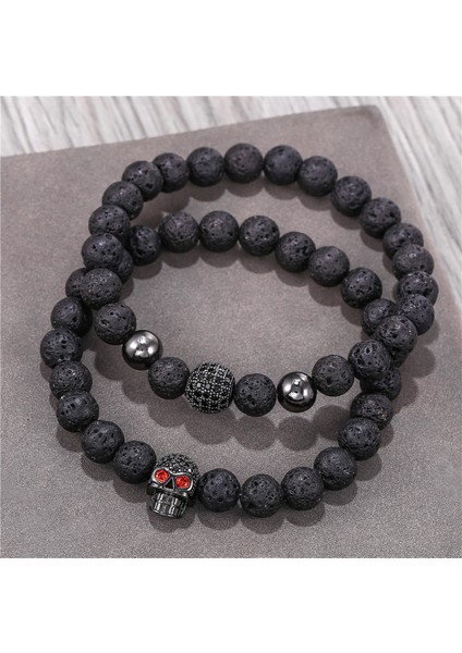 Kafatası 11 8 mm Siyah Lav Taşı Boncuklu Erkek Bileklik Seti Lüks Kafatası El Yapımı Bilezik Kadın Takı Pulsera Hombre Armband Aksesuarları (Yurt Dışından) indirimleri
