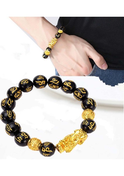No.18 Beden 24 Stiller Feng Shui Obsidiyen Taş Boncuk Bilezik Erkek Kadın Cinsiyetlerarası Bileklik Altın Siyah Pixiu Servet Iyi Şans Kadın Bileziği (Yurt Dışından)
