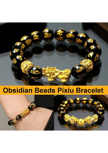 No.18 Beden 24 Stiller Feng Shui Obsidiyen Taş Boncuk Bilezik Erkek Kadın Cinsiyetlerarası Bileklik Altın Siyah Pixiu Servet Iyi Şans Kadın Bileziği (Yurt Dışından)