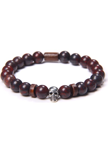 19CM Tarzı Kantaşı Erkekler Için Kafatası Bileklik Doğal Kaplan Gözü Bilezik Homme Takı 8 mm Cilalı Afrika Turkuaz Boncuk Bilezik Gümüş Kaplama Pulsera (Yurt Dışından)