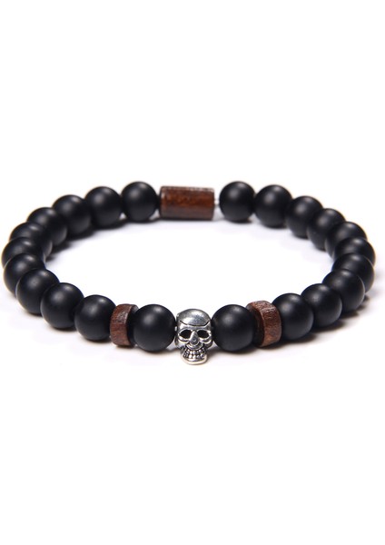 19CM Tarzı Siyah Oniks Erkekler Için Kafatası Bileklik Doğal Kaplan Gözü Bilezik Homme Takı 8 mm Cilalı Afrika Turkuaz Boncuk Bilezik Gümüş Kaplama Pulsera (Yurt Dışından)