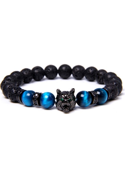 23CM Tarzı No.4 Boyutu Yeni El Yapımı 8mm Doğal Taş Mavi Kaplan Gözü Boncuk Bileklik Siyah Kurt Başlı Enerji Bileklik Takı (Yurt Dışından)