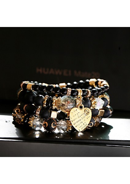 HXB054-3 Tophanqet Moda Altın Metal Kalp Kristal Boncuk Siyah Taşlı Bilezik Seti Kadınlar Için Boho Tarzı Takı Hediye (Yurt Dışından) fiyatları