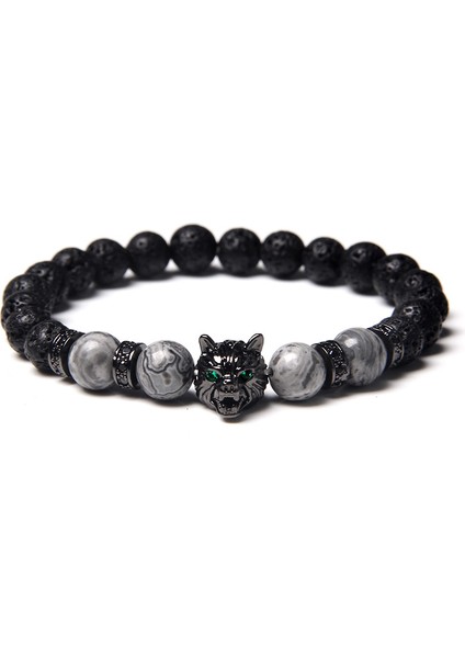 21CM Tarzı No.10 Boyutu Yeni El Yapımı 8mm Doğal Taş Mavi Kaplan Gözü Boncuk Bileklik Siyah Kurt Başlı Enerji Bileklik Takı (Yurt Dışından)