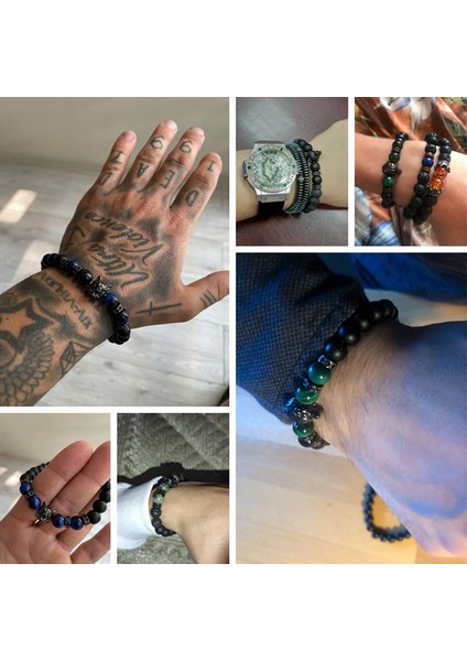 21CM Tarzı No.10 Boyutu Yeni El Yapımı 8mm Doğal Taş Mavi Kaplan Gözü Boncuk Bileklik Siyah Kurt Başlı Enerji Bileklik Takı (Yurt Dışından) fiyatları