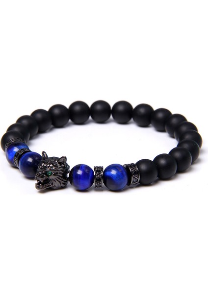 21CM Tarzı No.10 Boyutu Yeni El Yapımı 8mm Doğal Taş Mavi Kaplan Gözü Boncuk Bileklik Siyah Kurt Başlı Enerji Bileklik Takı (Yurt Dışından) fırsatları