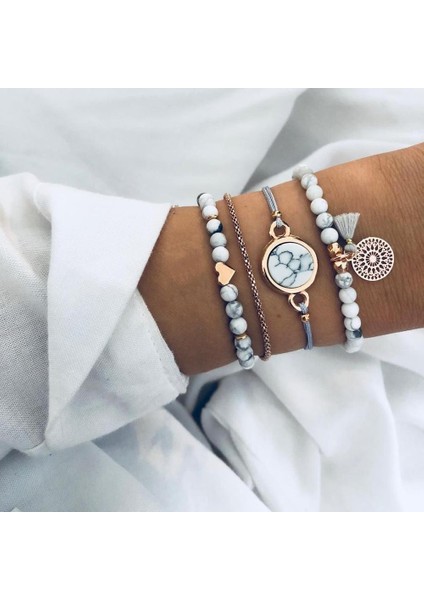 BR033-5 Kadınlar Için Bohem Taş Boncuklu Zincir Bileklik Seti Metal Kalp Yuvarlak Püskül Şans Bileziği Moda Takı (Yurt Dışından) fiyatları