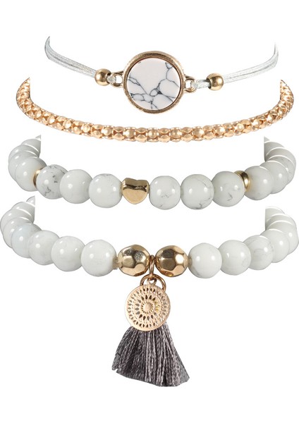 BR033-5 Kadınlar Için Bohem Taş Boncuklu Zincir Bileklik Seti Metal Kalp Yuvarlak Püskül Şans Bileziği Moda Takı (Yurt Dışından) indirimleri