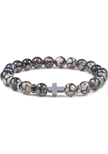 19CM Tarzı Siyah Desen Dua Erkek Doğal Taş Ahşap Boncuk Tespih Hematit Haç Bilezik Oniks Meditasyon Bileklik Kadın Yoga Takı Homme Pulsera (Yurt Dışından)