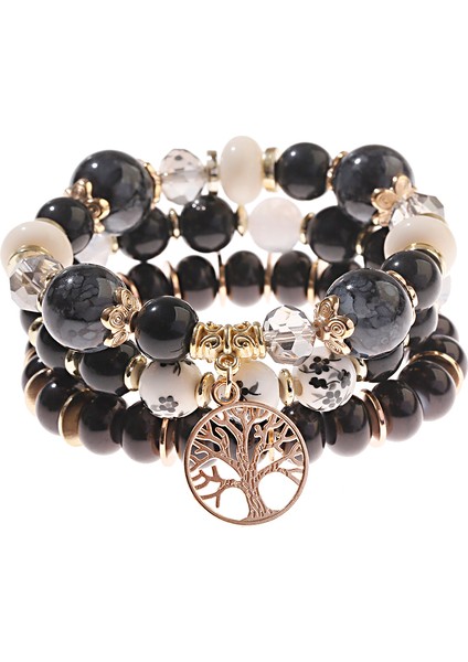 HXB056-1 Tophanqet Moda Altın Metal Kalp Kristal Boncuk Siyah Taşlı Bilezik Seti Kadınlar Için Boho Tarzı Takı Hediye (Yurt Dışından)