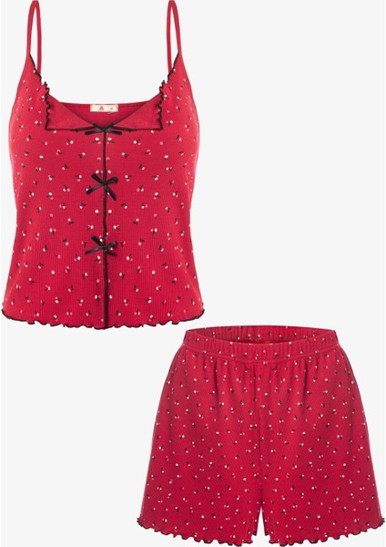 Kadın Ince Askılı Çiçekli Fiyonklu Pamuklu Şortlu Pijama Takımı