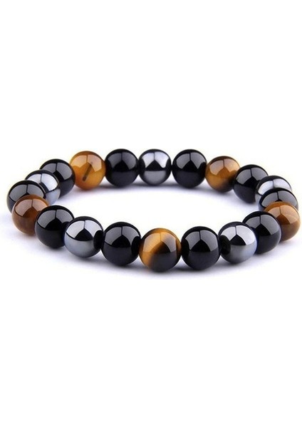 6mm-Erkek Erkekler Için Taş Boncuklu Kaplan Gözü Üçlü Koruma Hematit ve Siyah Obsidiyen Taşlı Çift Bilezik (Yurt Dışından)