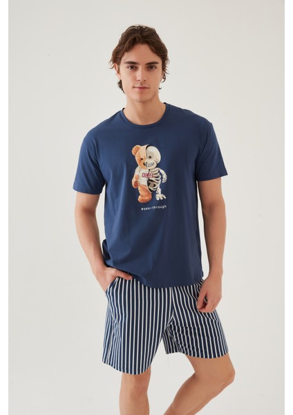 Erkek Pamuklu Mavi Baskılı Cepli Şort Pijama Takımı
