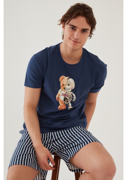 Erkek Pamuklu Mavi Baskılı Cepli Şort Pijama Takımı