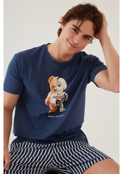 Erkek Pamuklu Mavi Baskılı Cepli Şort Pijama Takımı