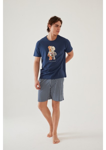 Erkek Pamuklu Mavi Baskılı Cepli Şort Pijama Takımı