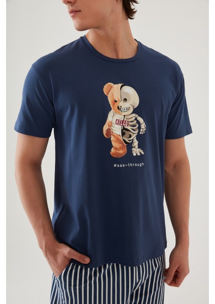 Erkek Pamuklu Mavi Baskılı Cepli Şort Pijama Takımı