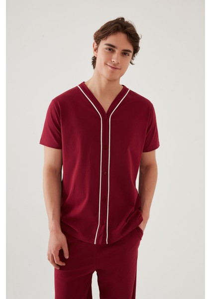 Erkek Kısa Kollu Pamuklu Gömlek Yaka Düğmeli Biyeli Pijama Takımı