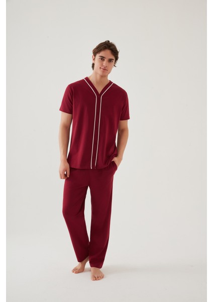 Erkek Kısa Kollu Pamuklu Gömlek Yaka Düğmeli Biyeli Pijama Takımı
