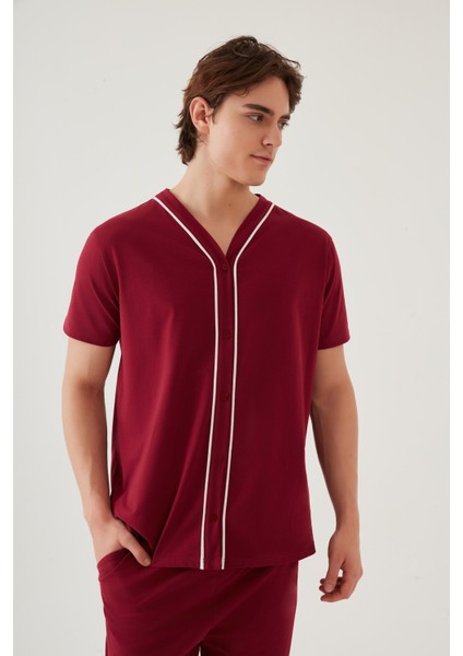 Erkek Kısa Kollu Pamuklu Gömlek Yaka Düğmeli Biyeli Pijama Takımı