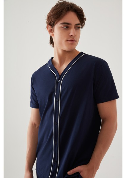 Erkek Kısa Kollu Pamuklu Gömlek Yaka Düğmeli Biyeli Pijama Takımı