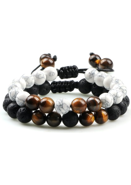 15 Ayarla 2 Adet Ayarlanabilir Örme Doğal Taş Boncuklu Bileklik ve Bilezik Çiftler Kadınlar Erkekler Kaplan Gözü Lav Taş Bilezik Yoga Takı Pulsera (Yurt Dışından)