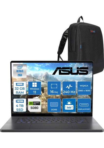 Rog Zephyrus G16 GU605CW Intel Core Ultra 9 285H AI 32 GB 4tb SSD RTX5080-16 GB 120W WIN11PRO 16" OLED 2.5k 240Hz 0.2Ms 550 Nits WQXGA (2560x1600) Taşınabilir Bilgisayar WQR160115+ZETTAÇANTA