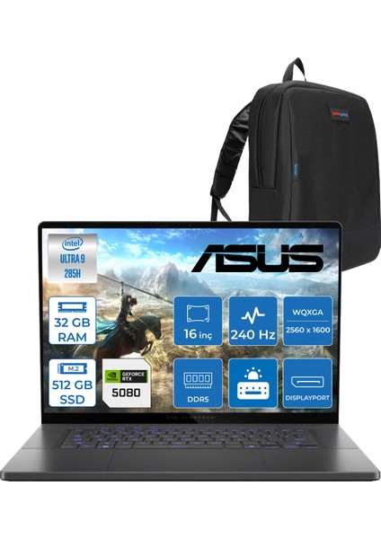 Rog Zephyrus G16 GU605CW Intel Core Ultra 9 285H AI 32GB 512GB SSD RTX5080-16GB 120W Freedos 16" OLED 2.5k 240Hz 0.2Ms 550 Nits WQXGA (2560 x 1600) Taşınabilir Bilgisayar WQR160102+ZETTAÇANTA