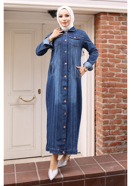 Düğme Detaylı Kot Ferace Koyu Mavi 6122