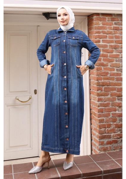 Düğme Detaylı Kot Ferace Koyu Mavi 6122 modelleri