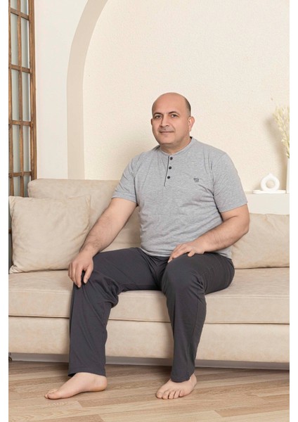 Erkek Geniş Kalıp Pamuk Kısa Kol Cepli Büyük Beden Pijama Takımı