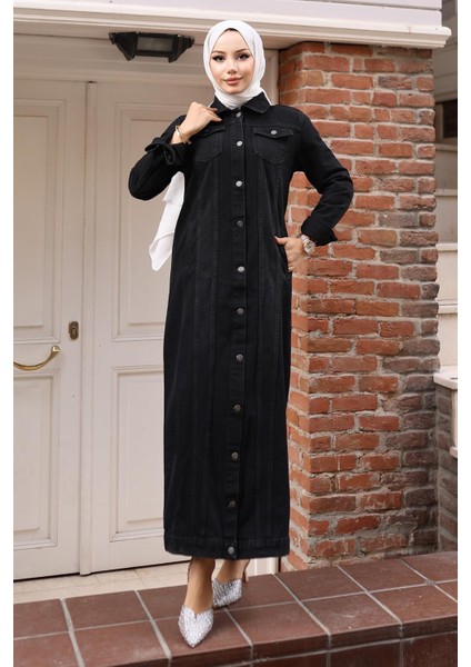 Düğme Detaylı Kot Ferace Siyah 6122